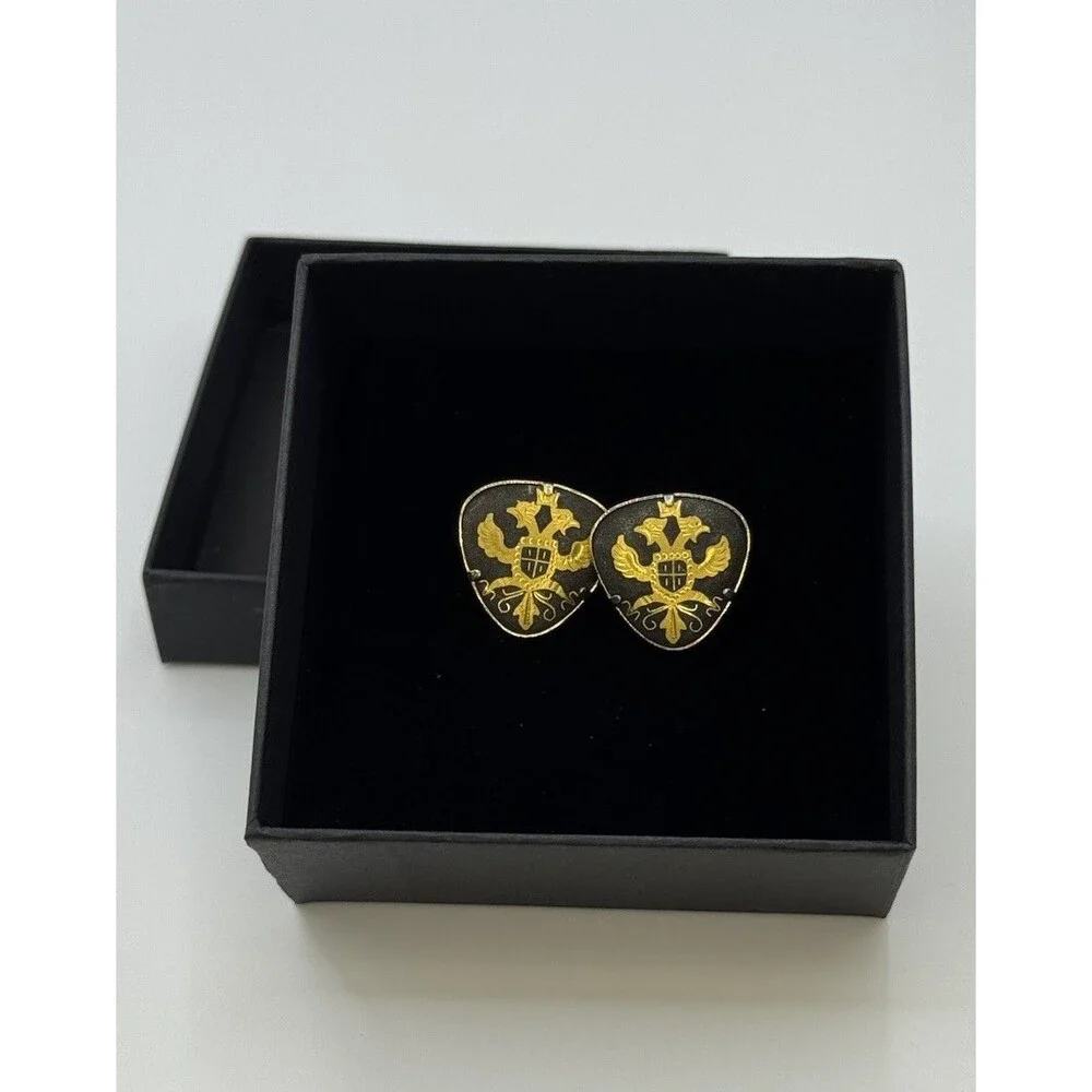 Vintage 1960s Gold Tone Black Enamel Heraldic Eagle Crest Cufflinks MCM Men’s